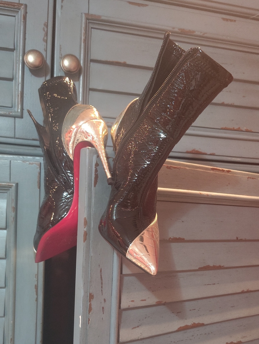 Pointed Toe Black Patent Ankle Boots with Metallic Gold Accent